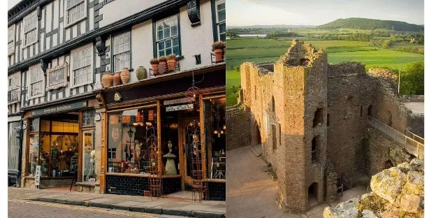 Left: High street in Ross-on-Wye town, Right: Goodrich castle ruins from ahih vantage point